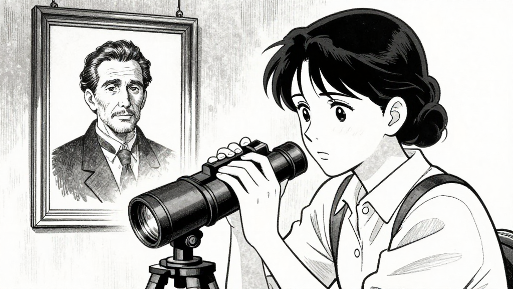 Elisabeth gazes at her father’s portrait, then at the telescope. Her expression is pensive.